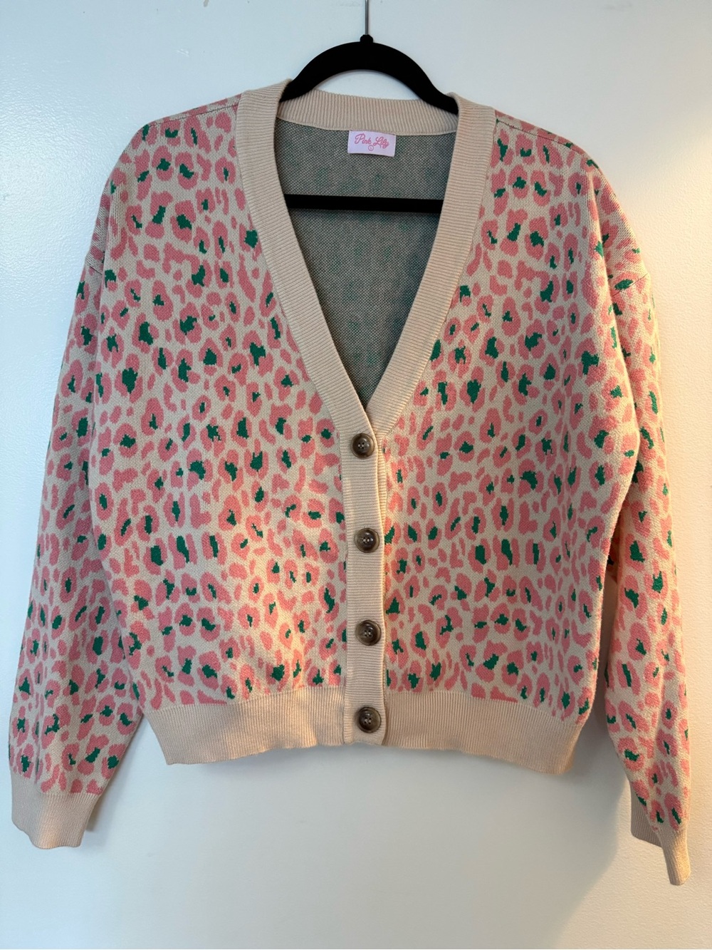 Pink Lily Pink and Green Leopard Print V-Neck Cardigan